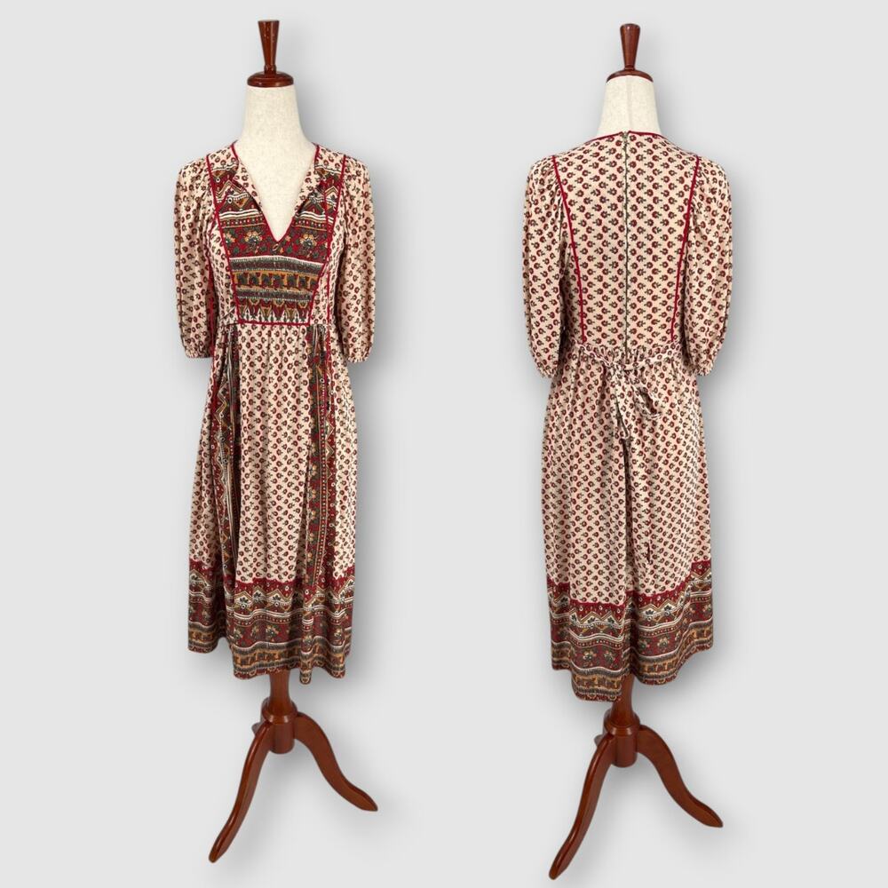 70s Vintage Jody T of California Floral Folk Border Print Midi Dress